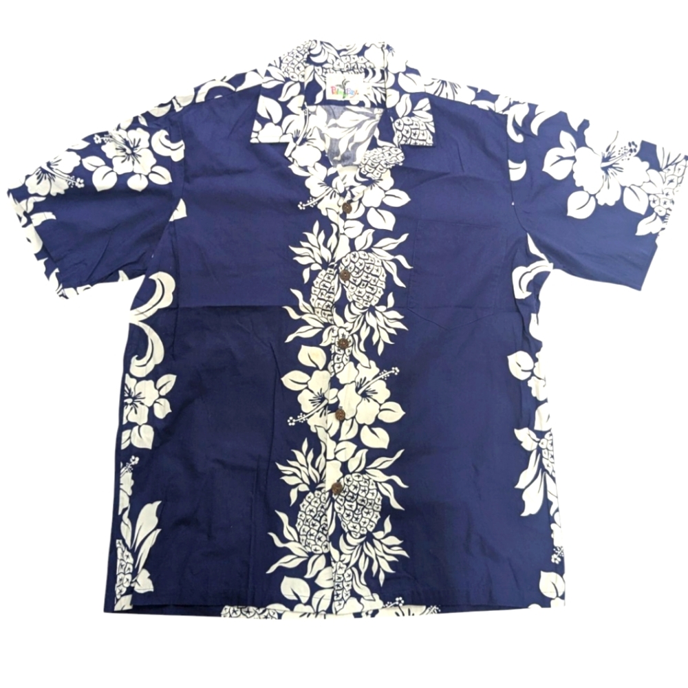 Men's Palm Bay Hawaiian Shirt Size L, Blue, White Pineapples And Hibiscus Flower